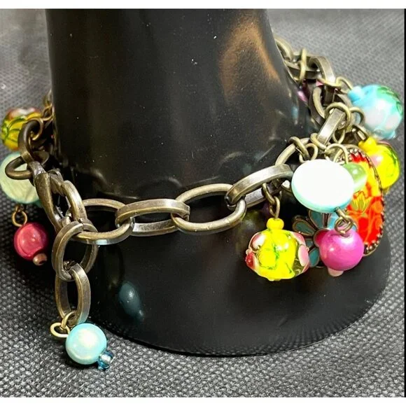 vtg Floral Chunky Antiqued-Bronze Bracelet Multicolor Glass Enamel Beads Charms - Picture 2 of 6